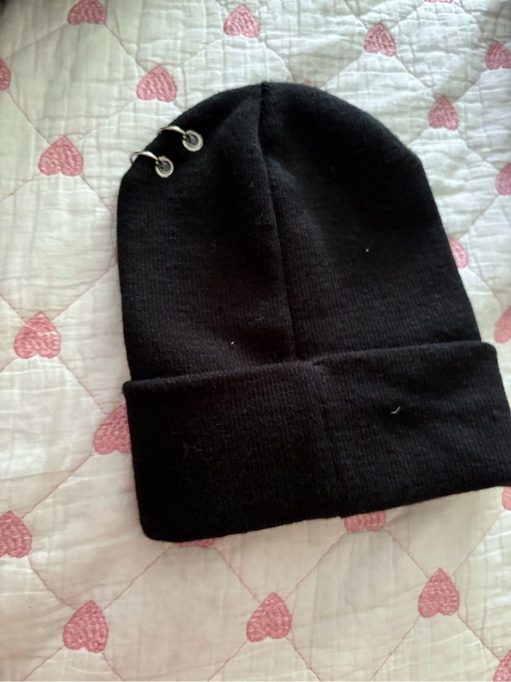 Hot Topic Black Beanie with Silver Eyelet Accent